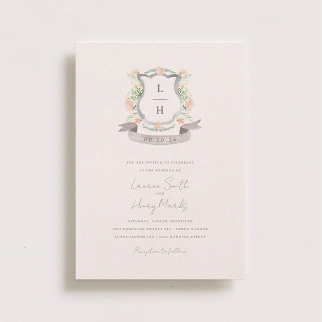 Floral Crest Watercolor Monogram Wedding Invitation (Creator Uploaded)