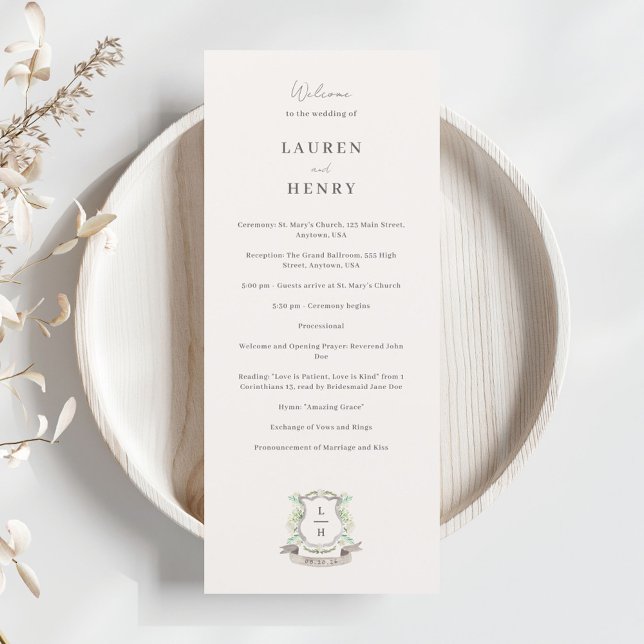Floral Crest Watercolor Monogram Wedding Program (Creator Uploaded)
