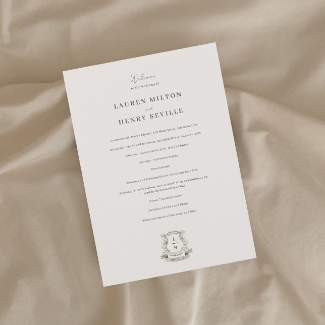 Floral Crest Watercolor Monogram Wedding Program (Creator Uploaded)