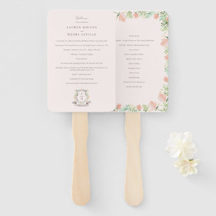 Floral Crest Watercolor Monogram Wedding Program Hand Fan