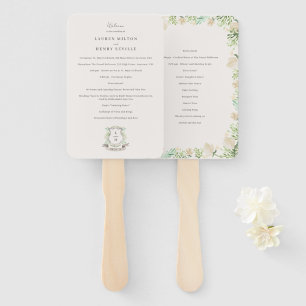 Floral Crest Watercolor Monogram Wedding Program Hand Fan