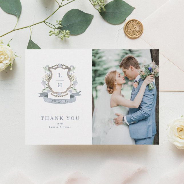Floral Crest Watercolor Monogram Wedding Thank You Card (Creator Uploaded)
