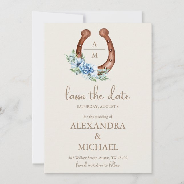 Floral Crest Western Horseshoe Monogram Wedding Save The Date (Front)