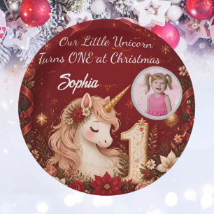 Floral Crimson Unicorn 1st Birthday Christmas  Paper Plate
