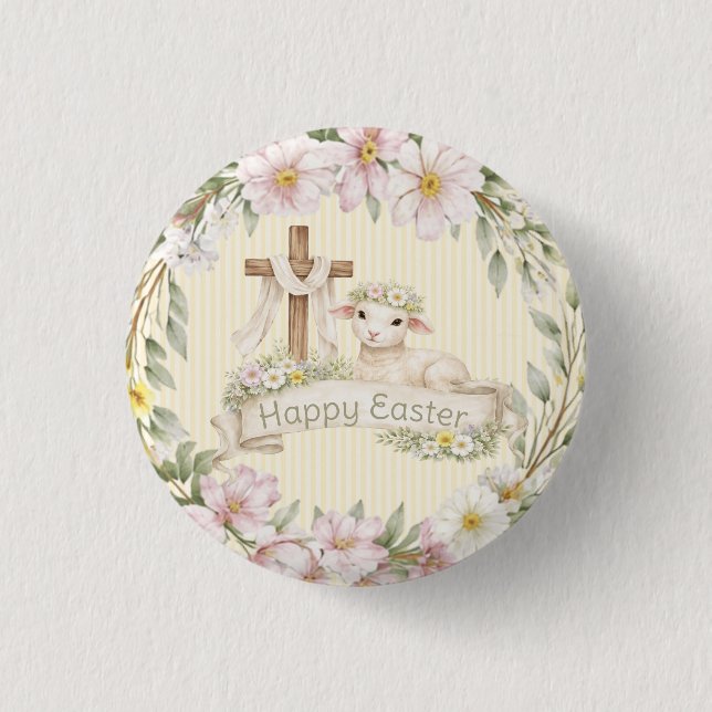 Floral Cross and Lamb | Happy Easter 1 Inch Round Button (Front)