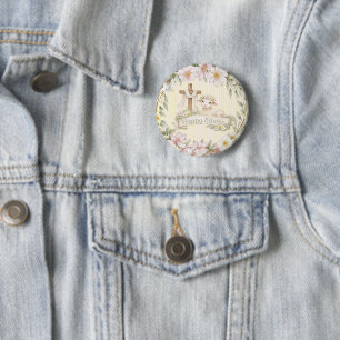 Floral Cross and Lamb   Happy Easter 2 Inch Round Button