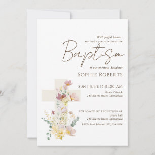 Floral Cross Baptism Invitation for Girl