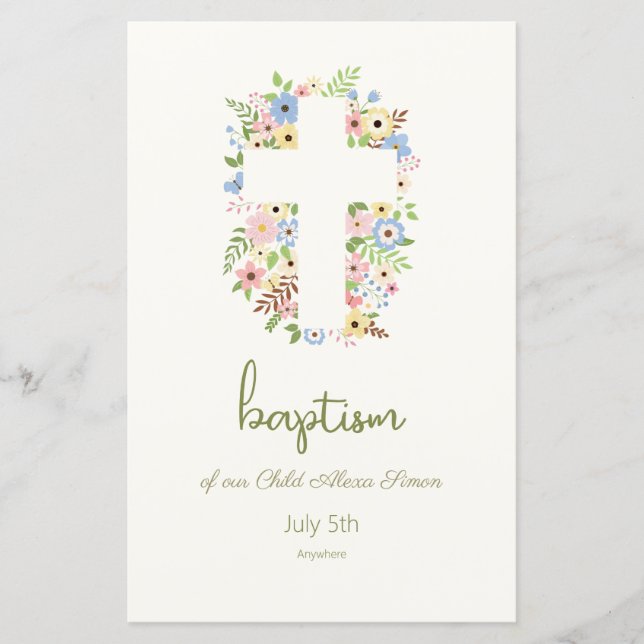 Floral Cross Baptism menu – Soft Pastel (Front)