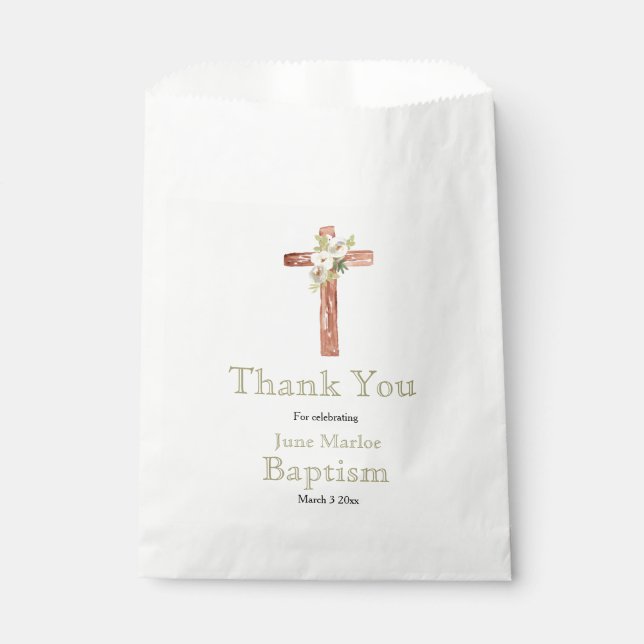 Floral cross baptism party favour bag (Front)