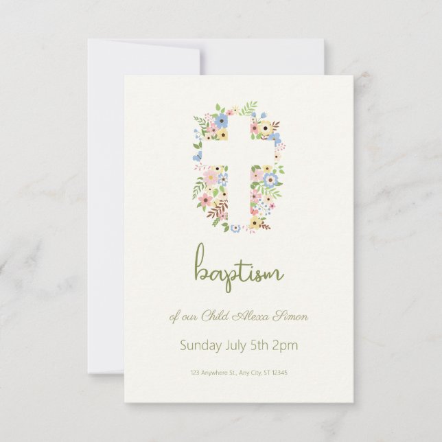 Floral Cross Baptism RSVP – Soft Pastel Card (Front)