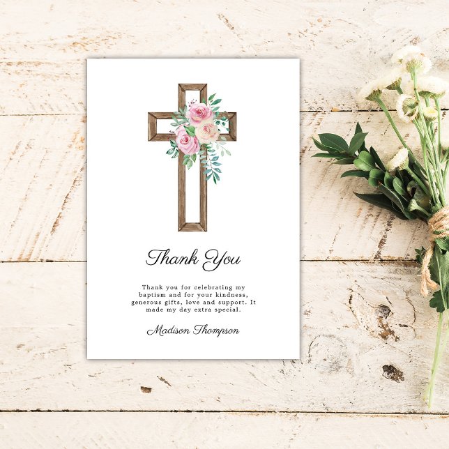 Floral Cross Baptism Thank You Card (Creator Uploaded)