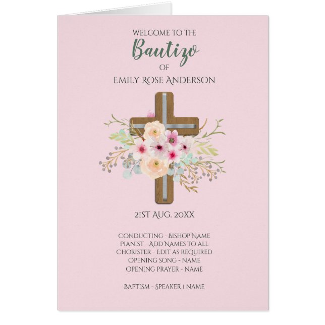 Floral Cross BAUTIZO Bautismo Baptism Program (Front)