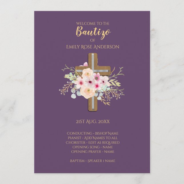 Floral Cross BAUTIZO Bautismo Baptism Program (Front)