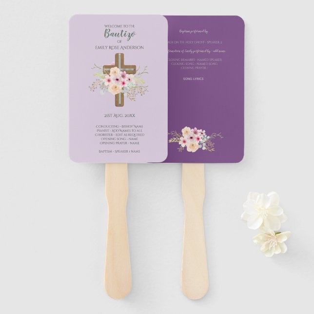 Floral Cross BAUTIZO Bautismo Baptism Program Hand Fan (Front and Back)