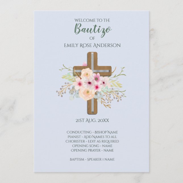 Floral Cross BAUTIZO Bautismo Baptism Programme (Devant)