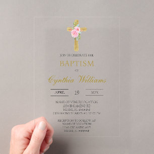 Floral cross beige baptism acrylic invitations