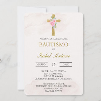 Floral cross beige Spanish baptism Invitation
