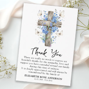 Floral Cross Butterflies Sympathy Memorial Funeral Thank You Card