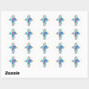 Floral Cross Classic Round Sticker