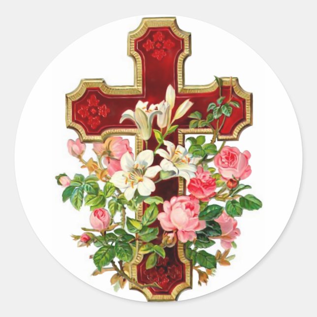 Floral Cross Classic Round Sticker (Front)