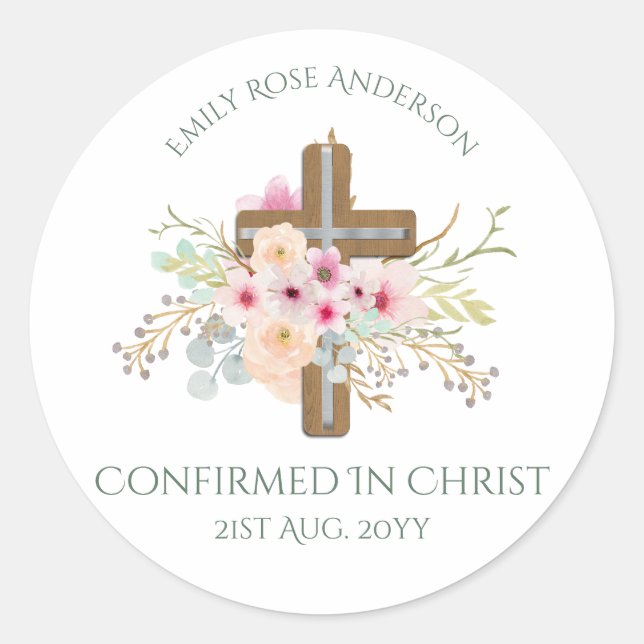 Floral Cross Confirmation Stickers Personalized (Front)