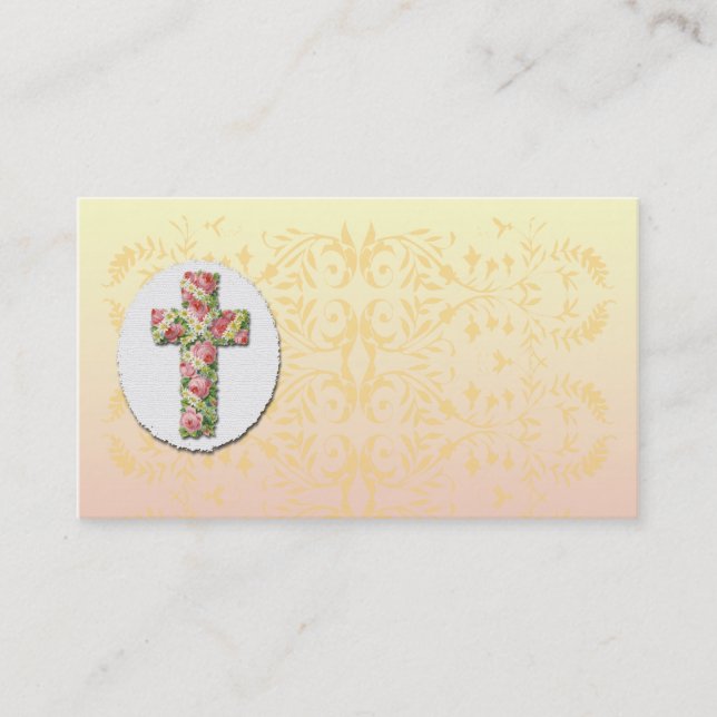 Floral Cross Creamy Peach Damask Template Business Business Card (Front)