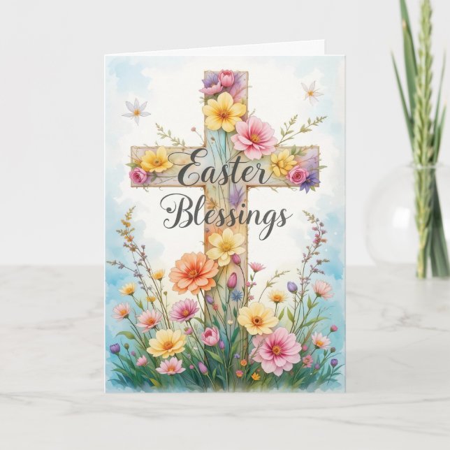 Floral Cross Easter Blessings  Holiday Card (Front)