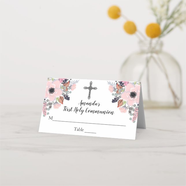 Floral Cross First Communion Custom Place Card (Front)