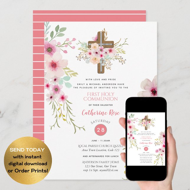 Floral Cross First Holy Communion Invitation Girl (Creator Uploaded)