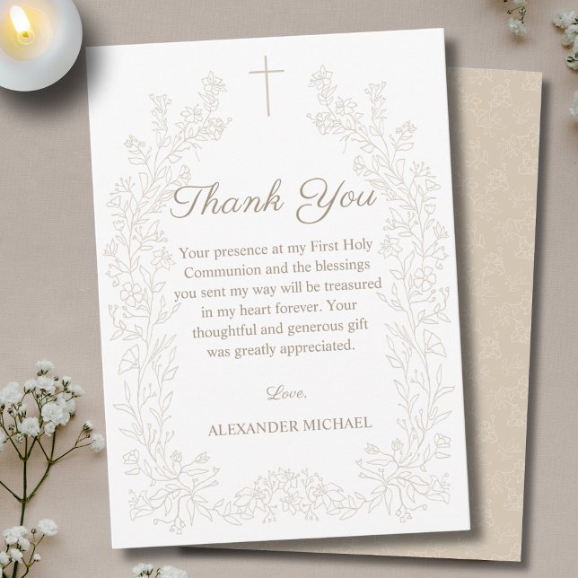 Floral Cross First Holy Communion  Thank You Card (Creator Uploaded)