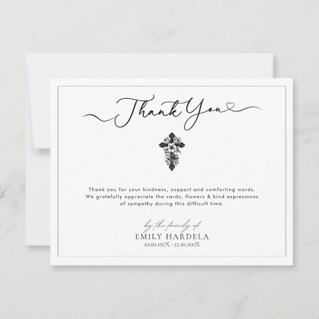 Floral Cross Funeral Thank You Card (Front)