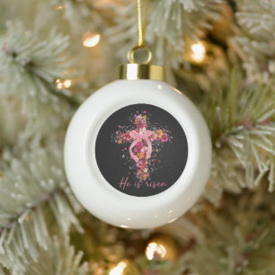 Floral Cross  'He Is Risen' Ceramic Ball Christmas Ornament