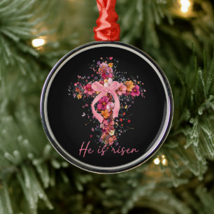 Floral Cross  'He Is Risen' Metal Ornament