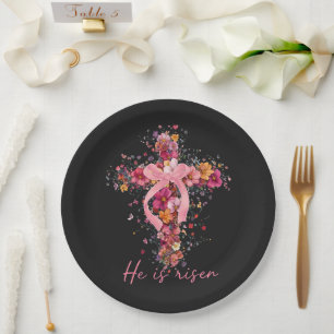 Floral Cross 'He Is Risen' Paper Plate