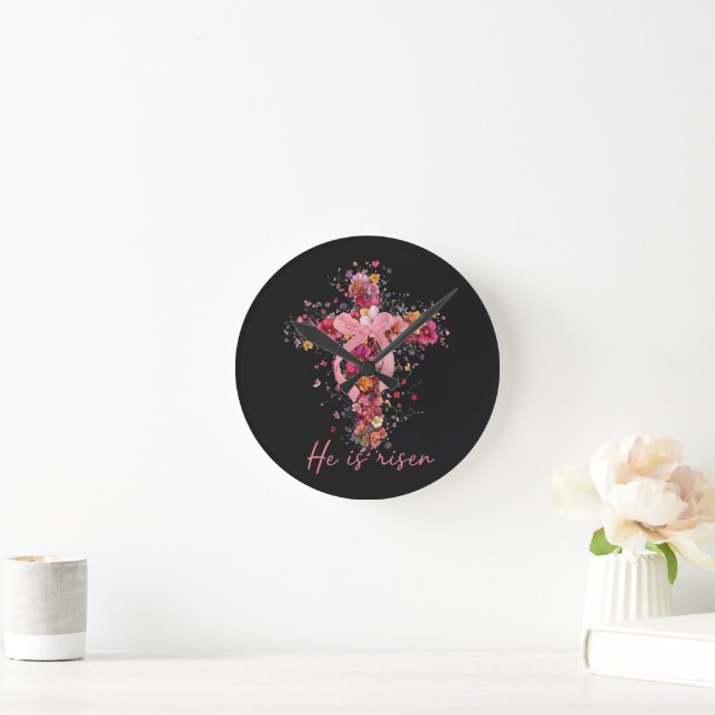 Floral Cross  'He Is Risen' Round Clock (Home)