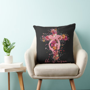 Floral Cross 'He Is Risen' Throw Pillow