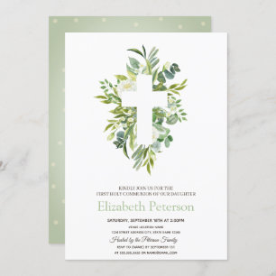 Floral Cross Leaves Dotted First Holy Communion   Invitation