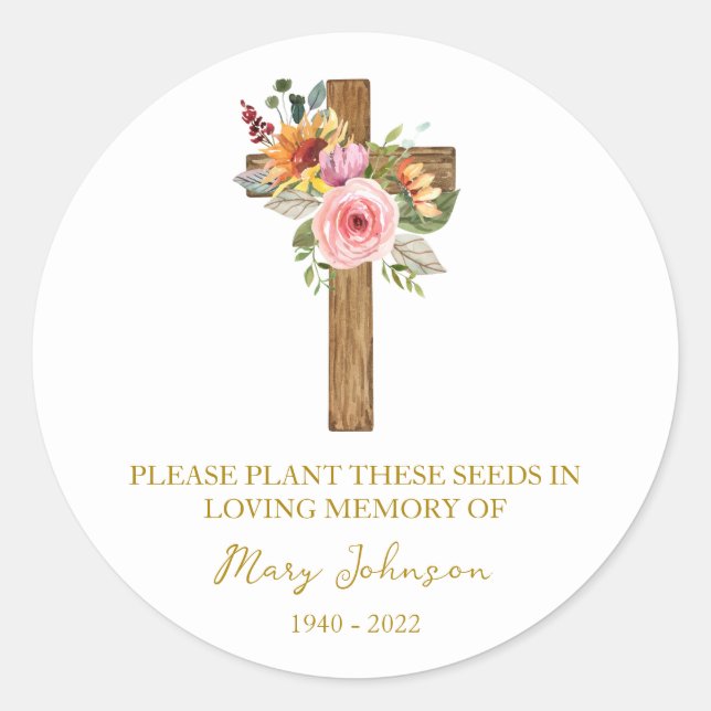 Floral Cross Memorial Funeral Seed Packet Classic Round Sticker (Front)