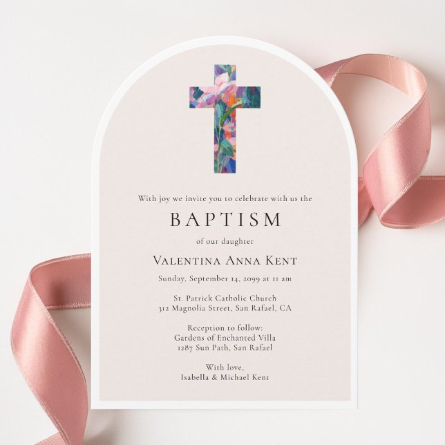 Floral Cross Modern Catholic Custom Photo Baptism Invitation (Creator Uploaded)