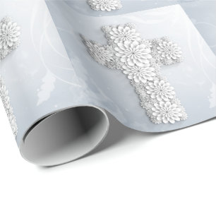 Floral Cross on Heavenly Blue Wrapping Paper
