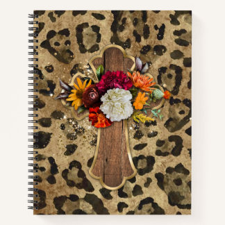 Floral Cross on Leopard Print Notebook