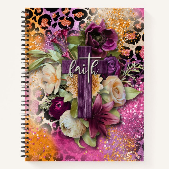 Floral Cross on Pink Orange Glitter Leopard Print Notebook (Front)
