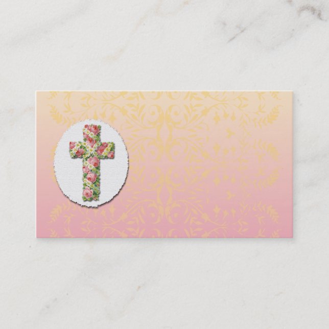 Floral Cross Peach Damask Modèle Carte de visite (Devant)
