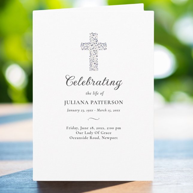 Floral Cross Photo Funeral Order of Service Program (Creator Uploaded)