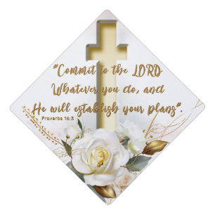 Floral Cross Scripture Graduation Cap Topper