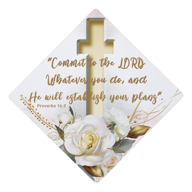 Floral Cross Scripture Graduation Cap Topper (Front)