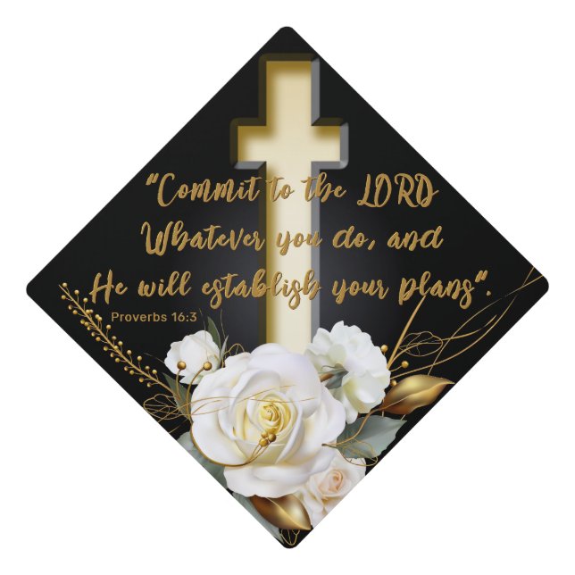 Floral Cross Scripture Graduation Cap Topper (Front)