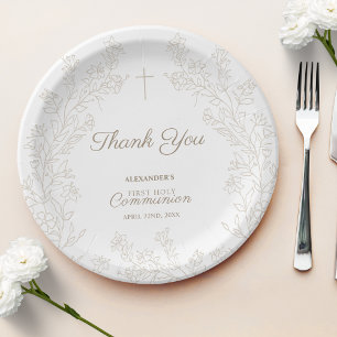 Floral Cross Thank You First Holy Communion Paper Plate