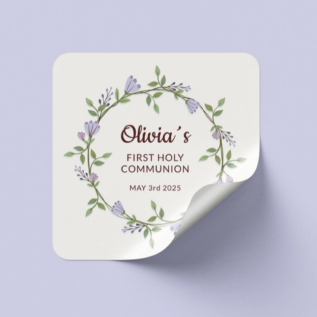 Floral Crown & Botanical Theme - First Communion Square Sticker (First Communion sticker being applied – smooth and easy)