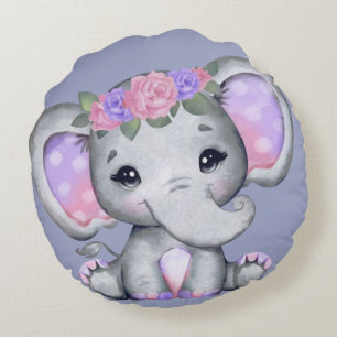 Floral Crown Elephant Round Pillow